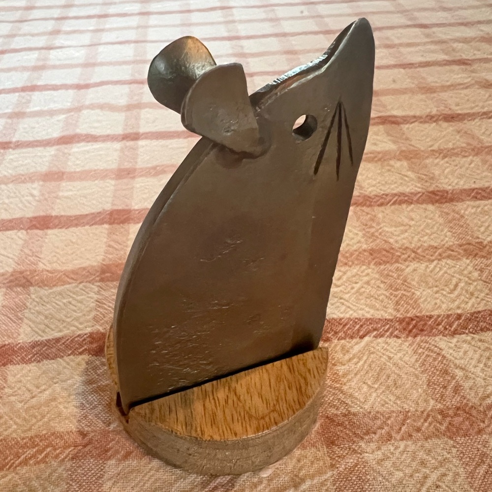 Handmade Metal Mouse Figurine with Wooden Base - cheese knife